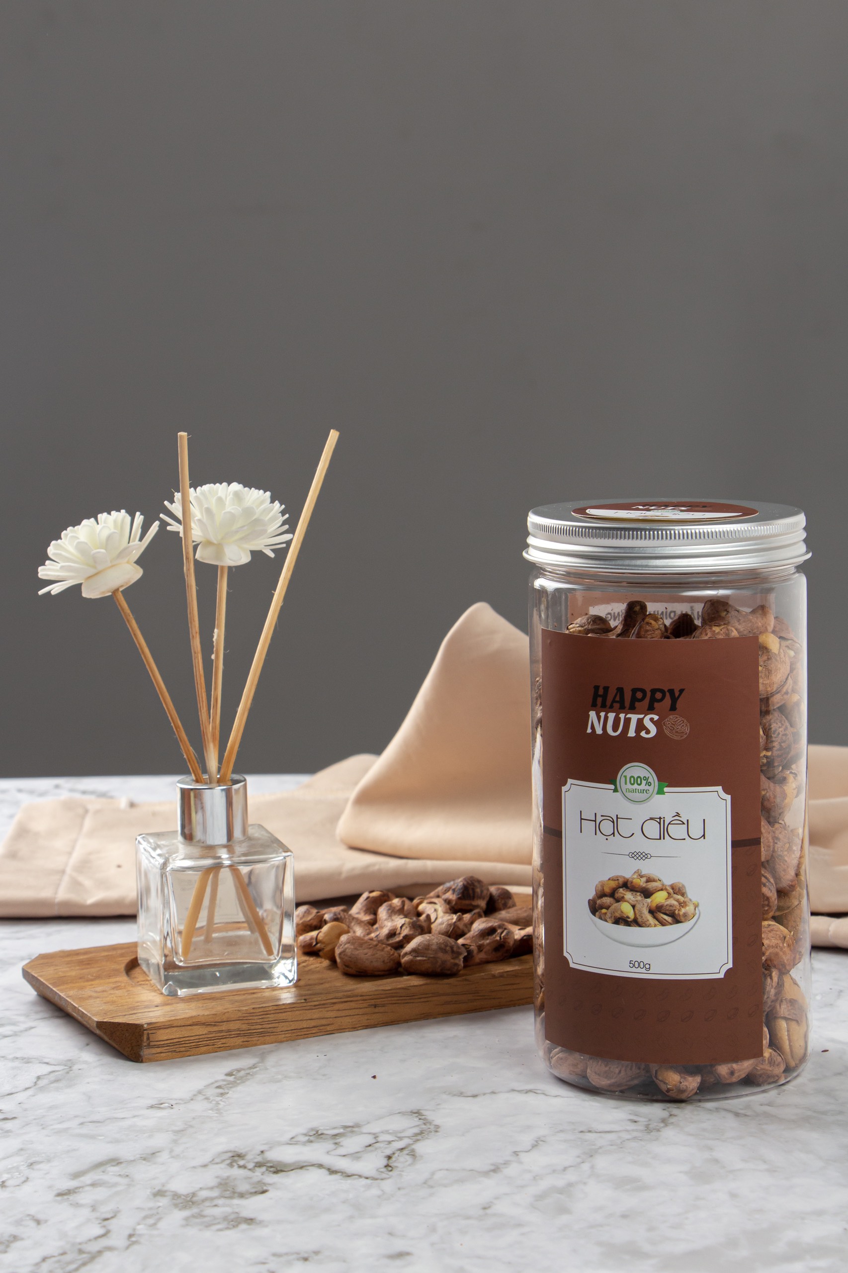 (Tặng 500g yến mạch) Hạt điều rang củi Happy Nuts vỏ lụa 500gr